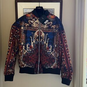 BALMAIN PARIS NWT MENS 56, REVERSIBLE TAPESTRY PRINT/SOLID, BLACK SILVER ZIPPERS